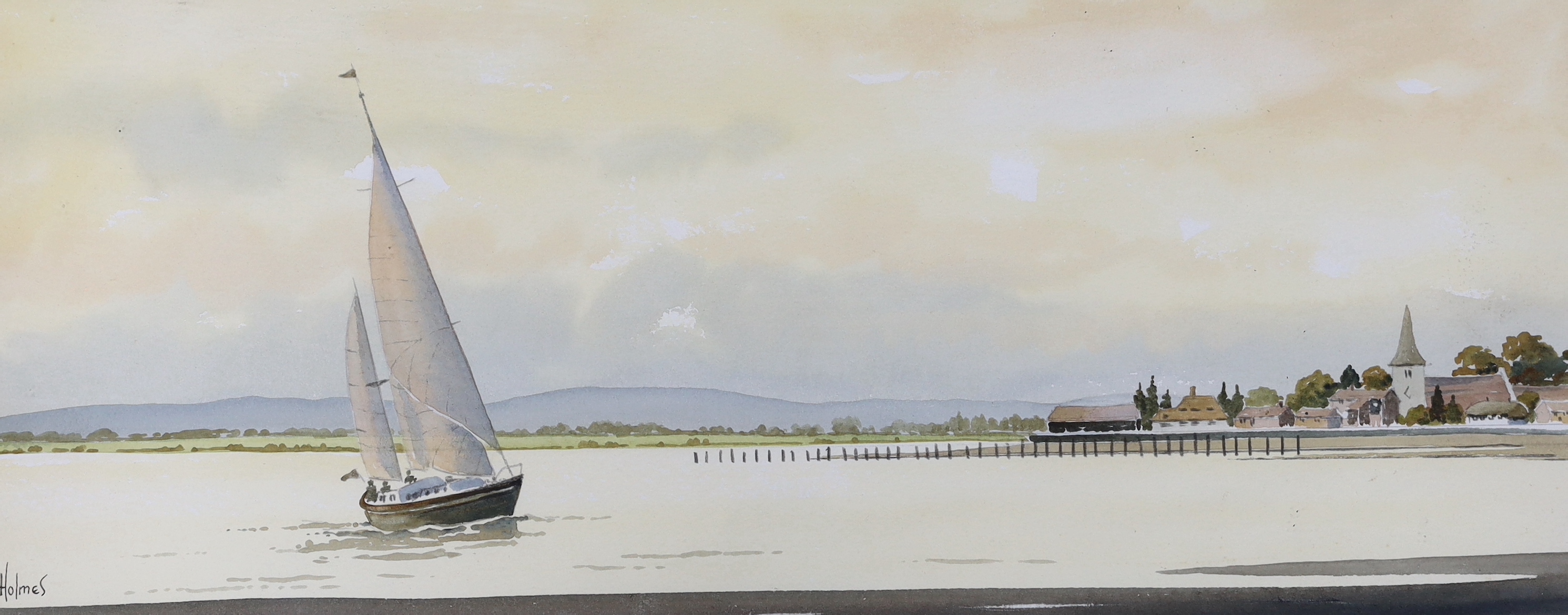 David Holmes (1936-1994) watercolour, Old Bosham, signed, inscribed in pencil to the mount, 54 x 22cm